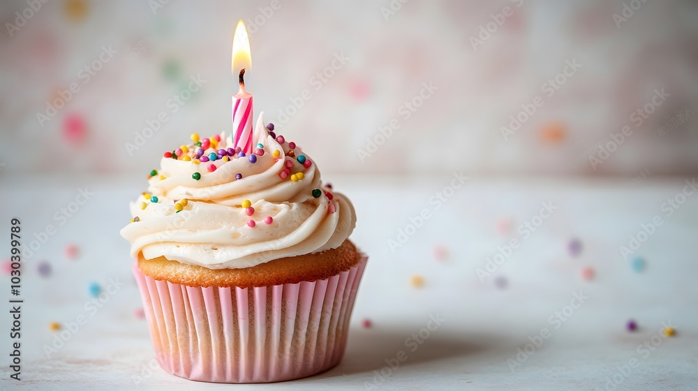 A single pink cupcake with a lit birthday candle and vanilla frosting sits against a pure white background. The minimalist design showcases festive elegance and baking perfection. A single pink cupcake with a lit birthday candle and vanilla frosting sits against a pure white background. The minimalist design showcases festive elegance and baking perfection.