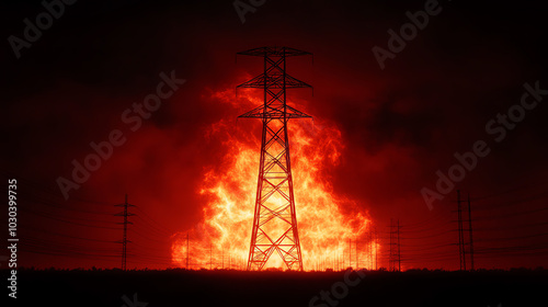 A dramatic scene of a power line engulfed in flames against a dark background, illustrating the destructive power of fire and its impact on energy infrastructure.