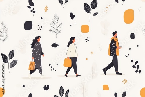 People walking in an autumn scene symbolizing change reflection and connection to nature in a simple minimalist illustration with warm earthy tones photo