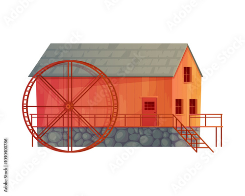 Old wooden and stone water mill building with waterwheel in village vector illustration