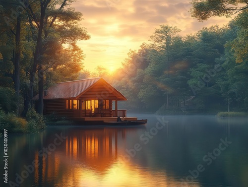 a lakeside cabin stands serene at sunset, reflecting golden hues on a tranquil water surface, surrounded by lush trees, inviting warmth and peace, perfect for relaxation and escape into nature