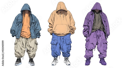 Design drawings of three different men's styles, featuring hoodies and jackets in light colors with baggy pants underneath