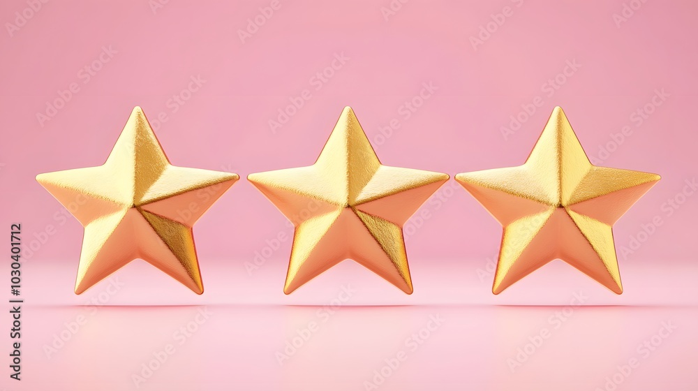 Obraz premium three gold stars on a pale pink background, perfect for ratings and reviews. Ideal for showcasing evaluations with ample space for text input.