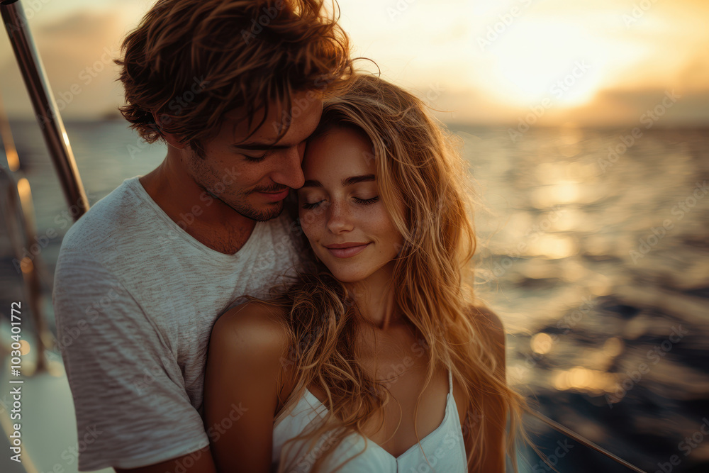 A young couple embracing on a yacht, the woman with her eyes closed as the man holds her from behind in a romantic moment at sea. A young couple embracing on a yacht, the woman with her eyes closed as the man holds her from behind in a romantic moment at sea.