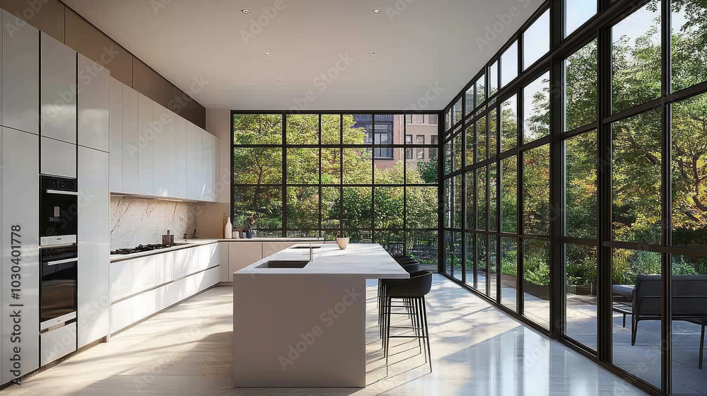 A high-end kitchen with a glossy white island, built-in appliances, and stylish bar stools, with floor-to-ceiling windows offering a view of the lush outdoor space. A high-end kitchen with a glossy white island, built-in appliances, and stylish bar stools, with floor-to-ceiling windows offering a view of the lush outdoor space.