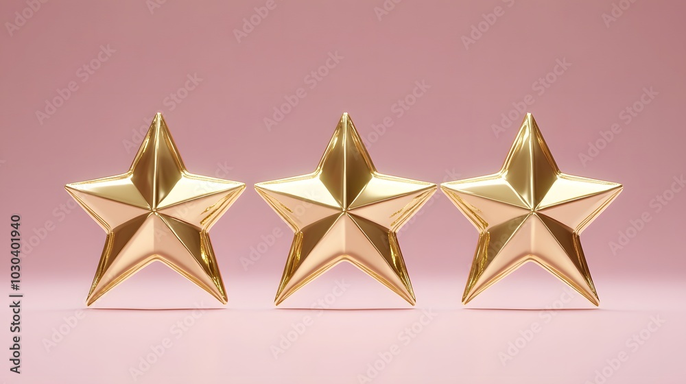 Fototapeta premium three gold stars on a pale pink background, perfect for ratings and reviews. Ideal for showcasing evaluations with ample space for text input.