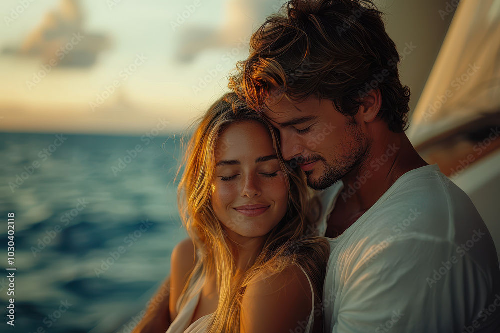 A young couple embracing on a yacht, the woman with her eyes closed as the man holds her from behind in a romantic moment at sea. A young couple embracing on a yacht, the woman with her eyes closed as the man holds her from behind in a romantic moment at sea.