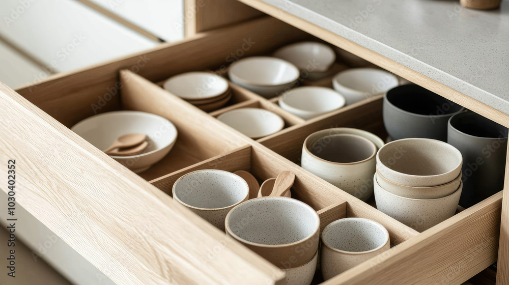 A kitchen drawer with compartments for ceramic plates, bowls, and mugs, all arranged in shades of beige and white, creating a neat and stylish storage solution. A kitchen drawer with compartments for ceramic plates, bowls, and mugs, all arranged in shades of beige and white, creating a neat and stylish storage solution.