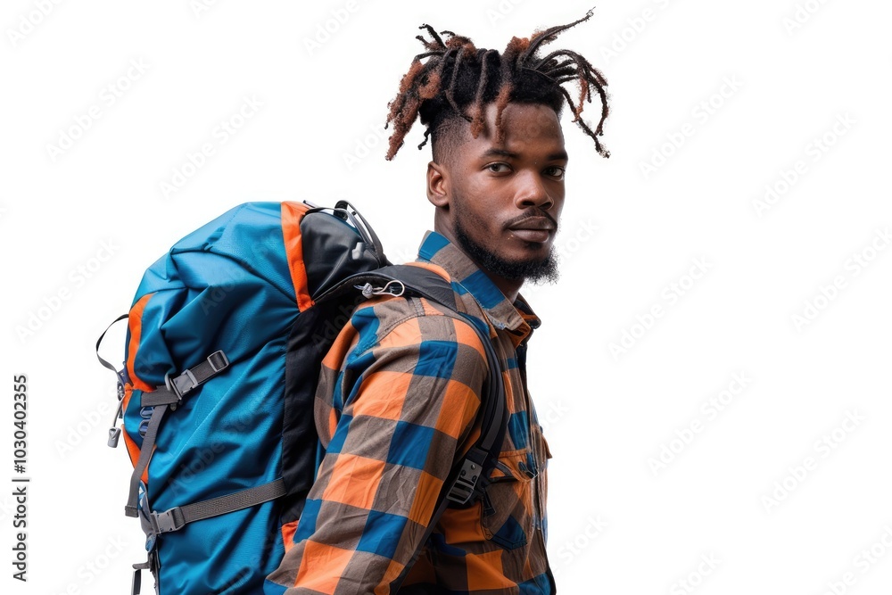 Photo of an African American man with dreadlocks wearing flannel shirt, carrying backpack Photo of an African American man with dreadlocks wearing flannel shirt, carrying backpack