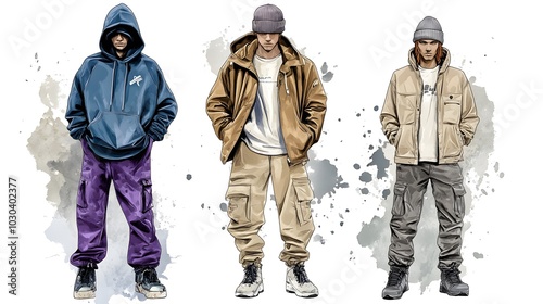 Design drawings of three different men's styles, featuring hoodies and jackets in light colors with baggy pants underneath