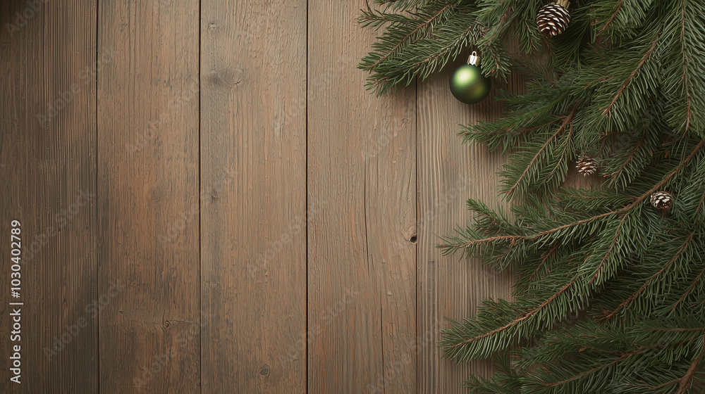 Textured wooden surface adorned with green pine branches and rustic ornaments, capturing the essence of a Christmas cabin photo Textured wooden surface adorned with green pine branches and rustic ornaments, capturing the essence of a Christmas cabin photo