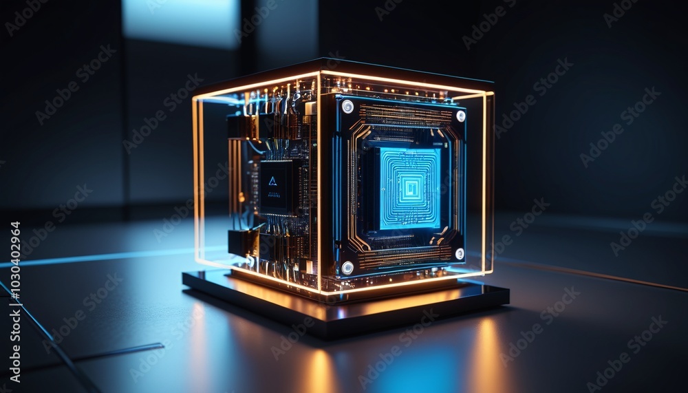 Quantum Computer Loading Screen A sleek, modern quantum computer with glowing panels floats in a dimly ...