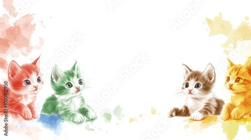 Colorful Watercolor Illustration of Four Adorable Kittens