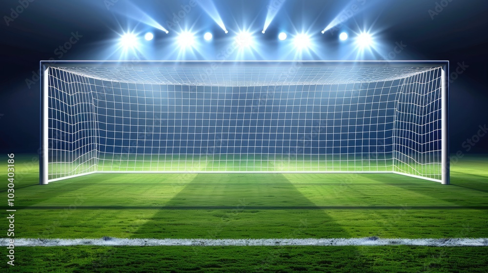 Fototapeta premium Photo of blank soccer goal in stadium with spotlight, vector illustration