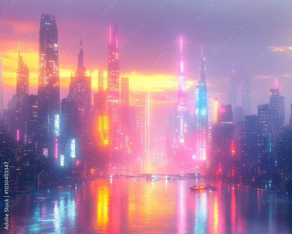 A mesmerizing futuristic cityscape illuminated by vibrant neon lights and reflected in a serene waterfront at sunset. A mesmerizing futuristic cityscape illuminated by vibrant neon lights and reflected in a serene waterfront at sunset.