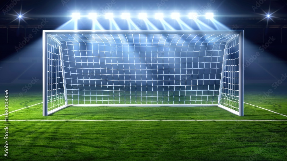 Fototapeta premium Photo of blank soccer goal in stadium with spotlight, vector illustration