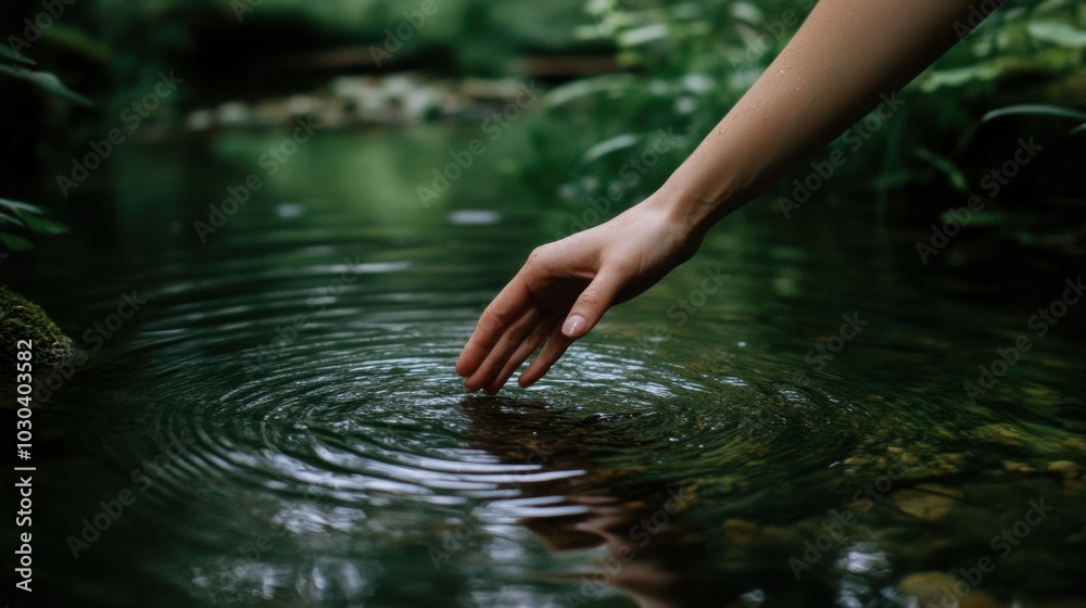 A hand gently touches the calm water in a lush green forest A hand gently touches the calm water in a lush green forest