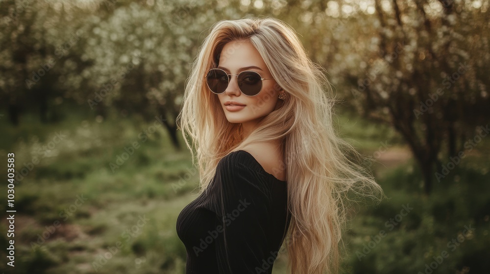 Blonde woman enjoying a sunny day in a blooming orchard Blonde woman enjoying a sunny day in a blooming orchard