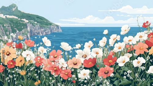 Idyllic Coastal Landscape with Blooming Wildflowers and Ocean View