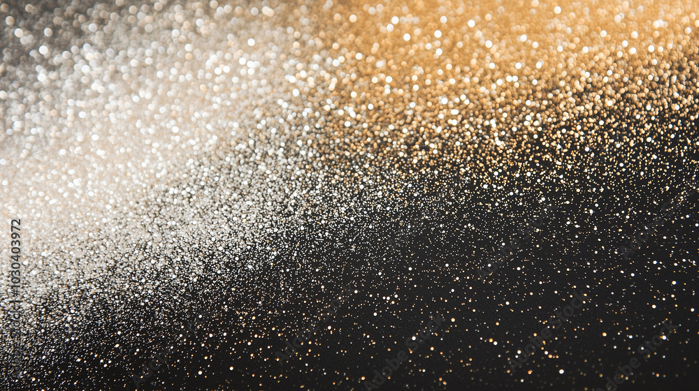 Obraz premium Close-up of shimmering gold and silver glitter scattered across a dark surface, creating a festive texture for New Year celebrations photo