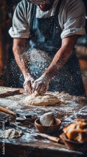 Baker Kneading Dough in Cozy Bakery Setting