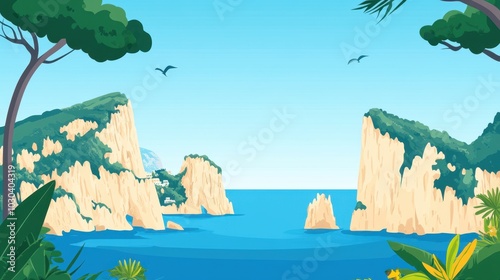 Serene Coastal Landscape with Lush Greenery and Majestic Cliffs