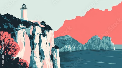 Serene Coastal Lighthouse at Sunset Illustration