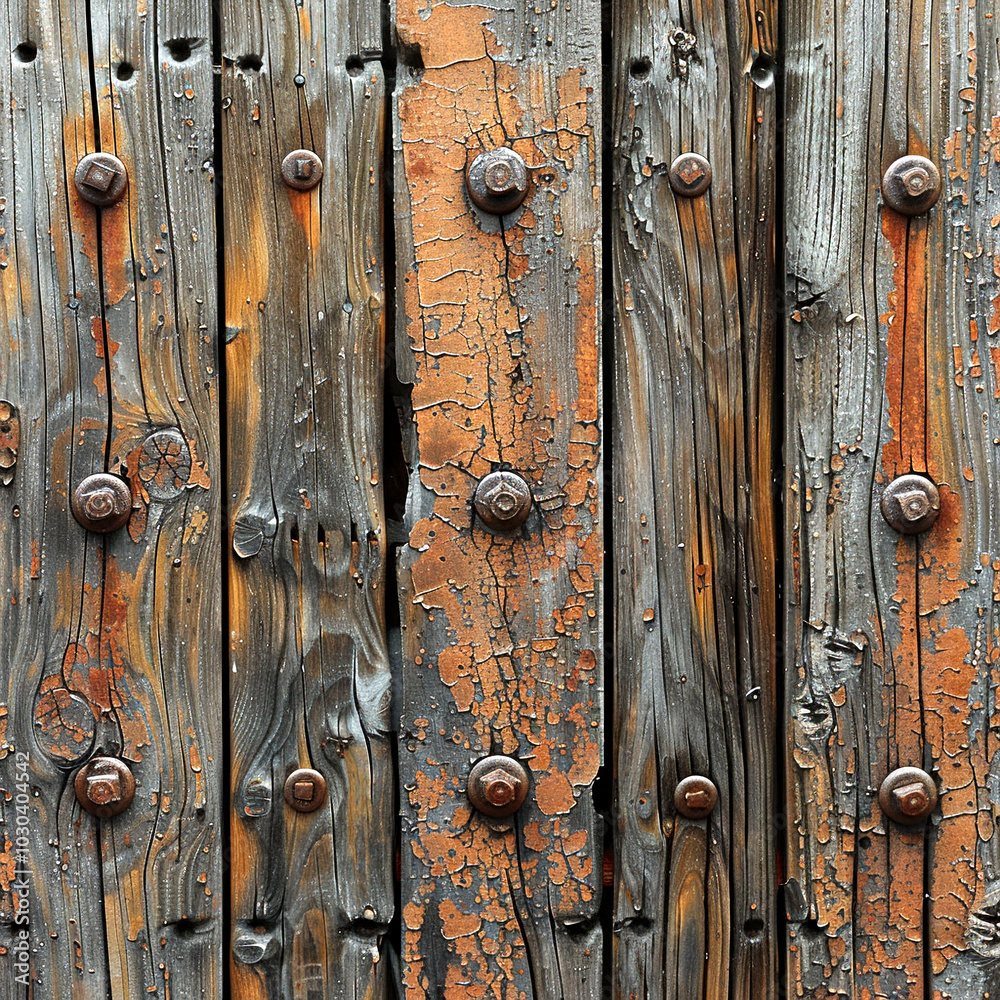 Weathered wooden planks with rusty bolts showcase nature's artistry and time's passage Weathered wooden planks with rusty bolts showcase nature's artistry and time's passage