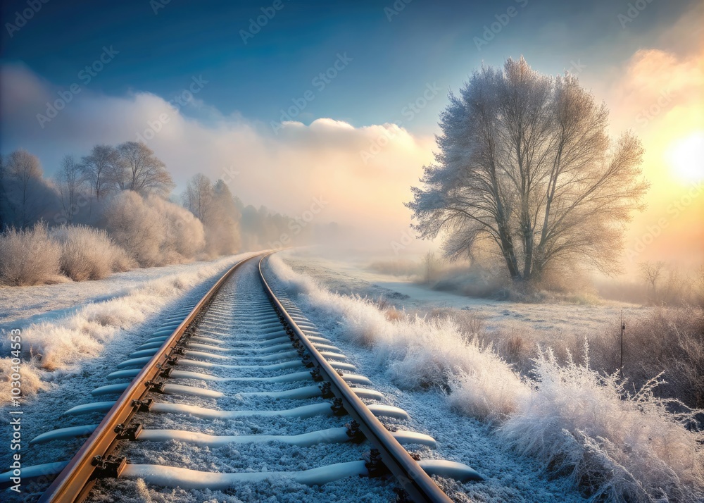 Fototapeta premium In the crisp winter air, a fog envelops the quiet train tracks, transforming the landscape into a serene and enchanting scene, filled with serene beauty.