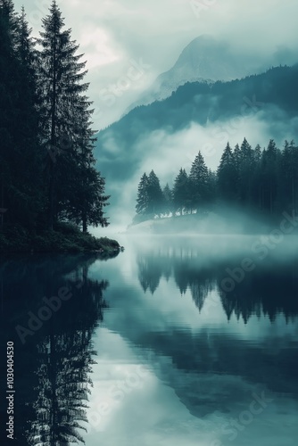 A serene misty lake with tall trees and mountain backdrop.