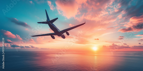 An airplane flies over the ocean, descending into a stunning sunset-filled sky, symbolizing freedom and adventure.