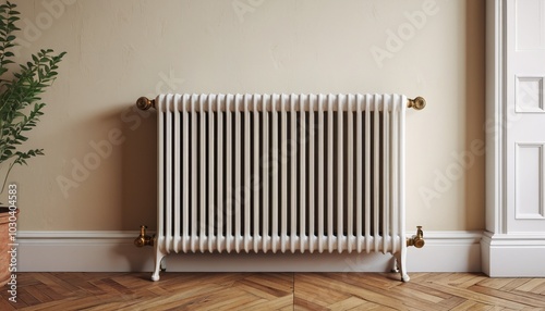 Wallpaper Mural An antique vintage white radiator featuring a towel on the wall provides a classic and inviting accent in the interior space, Generative AI Torontodigital.ca