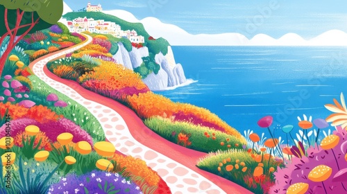 Coastal Village Pathway Amidst Vibrant Spring Bloom Overlooking Sea