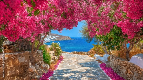 Blossoming Bougainvillea Archway Overlooking Serene Mediterranean Sea