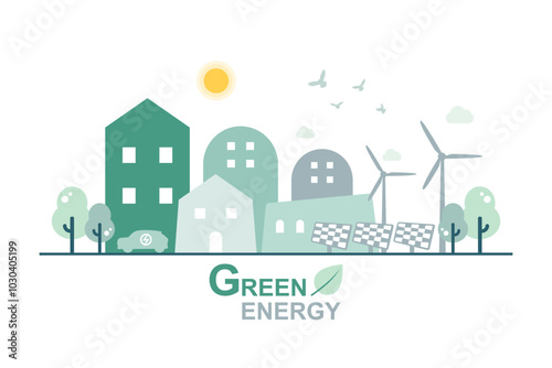 Caring for the environment and using clean green energy, Renewable energy net zero emission, Green city concept, Electric vehicle Technology, Wind power generator and Photovoltaics system industrial.