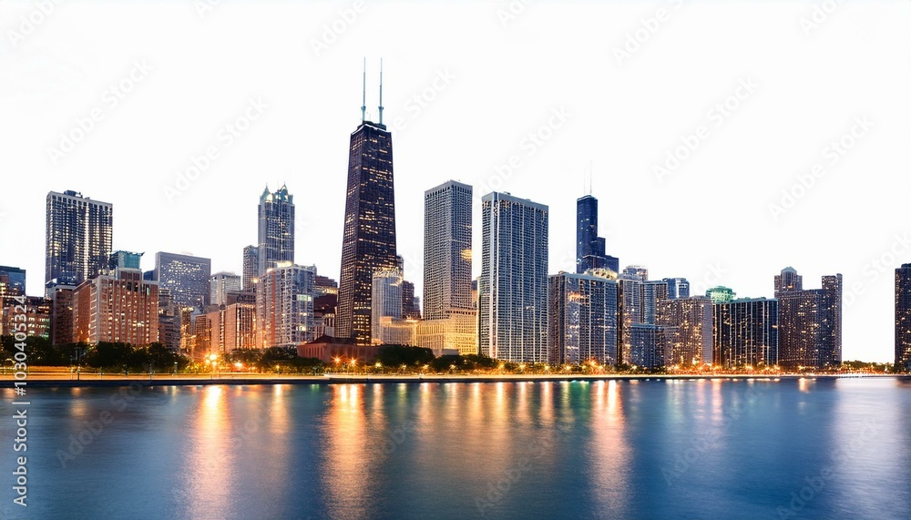 Obraz premium Chicago skyline at night showcasing illuminated buildings, with a white background. Concept of urban nightscape and city lights