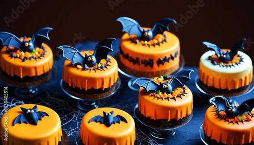 A delightful selection of Halloween cakes showcasing decorative bats, sure to impress and enchant your guests at any autumn gathering, Generative AI