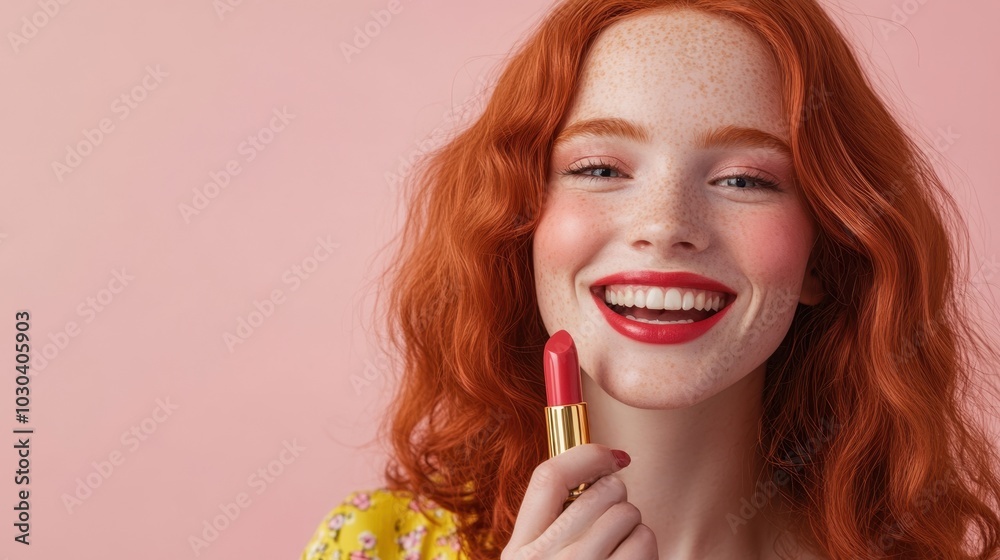 Radiant Redhead Woman Applying Lipstick on Pink Background Radiant Redhead Woman Applying Lipstick on Pink Background
