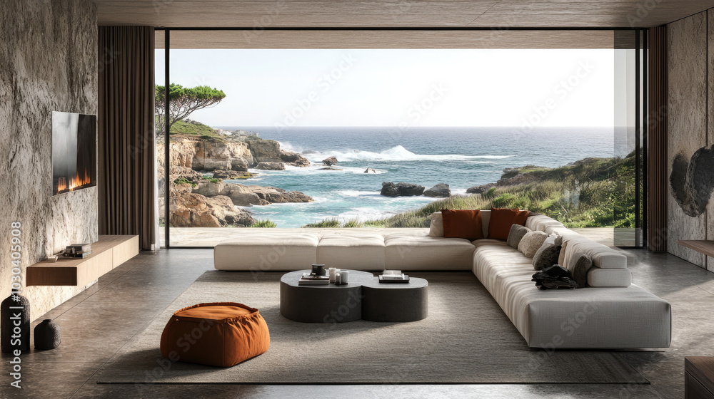 Fototapeta premium A modern living room with an open window overlooking a breathtaking coastline, with waves crashing against the rocks, providing a sense of calm and inspiration.