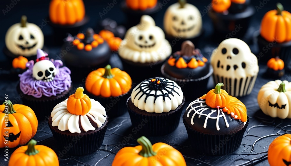 Charming cakes with intricate decorations for Halloween, offering a delightful combination of flavors and spooky aesthetics, Generative AI Charming cakes with intricate decorations for Halloween, offering a delightful combination of flavors and spooky aesthetics, Generative AI