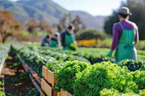 Rural workers harvesting vegetables in the fields, working hard to learn farming and agriculture in California.