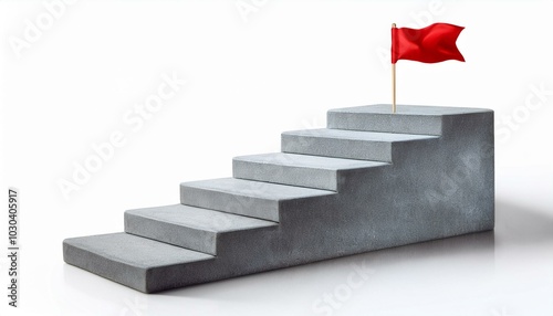 Concrete stair steps arranged progressively higher, ending with a red flag on the highest step. Isolated on a white background, concept of success. 3D Rendering photo