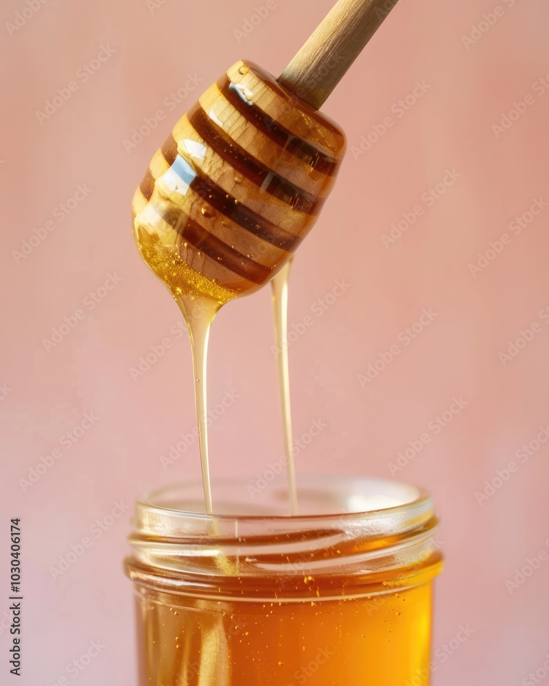 Honey Dripping from Wooden Dipper into Jar, Close-Up Detail Honey Dripping from Wooden Dipper into Jar, Close-Up Detail