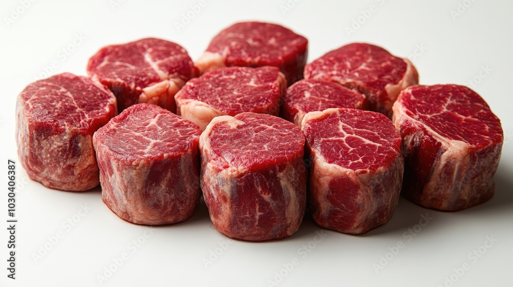 A collection of marbled beef cuts arranged neatly on a white surface. A collection of marbled beef cuts arranged neatly on a white surface.