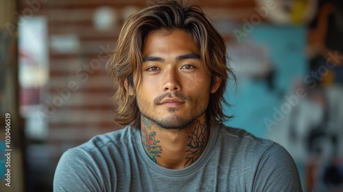 A young man with long brown hair and tattoos on his neck stares intensely at the camera.