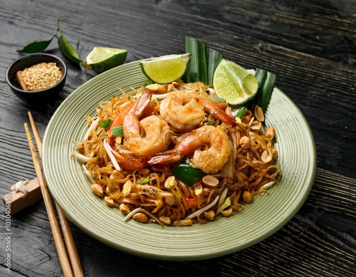 A vibrant pad thai dish with stir-fried rice noodles, shrimp, peanuts, and a lime wedge on the plate. Generative AI photo