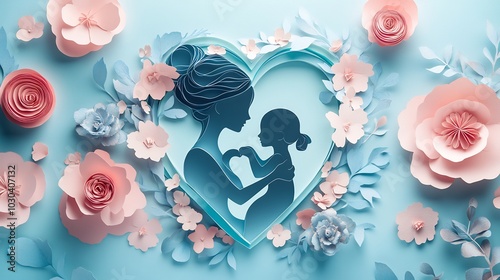 Minimalist Happy Mother's Day web banner paper cut silhouettes of a mom and child placed within a heart shape framed by flowers and soft pastel colors creating a modern stylish design