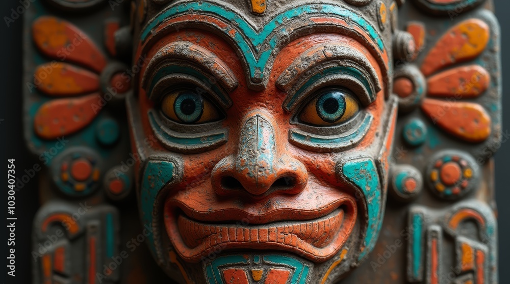 A close-up of a colorful carved wooden mask with a wide smile. A close-up of a colorful carved wooden mask with a wide smile.
