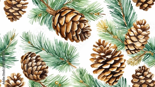 Watercolor Background with Pine Cones and Fir Branches