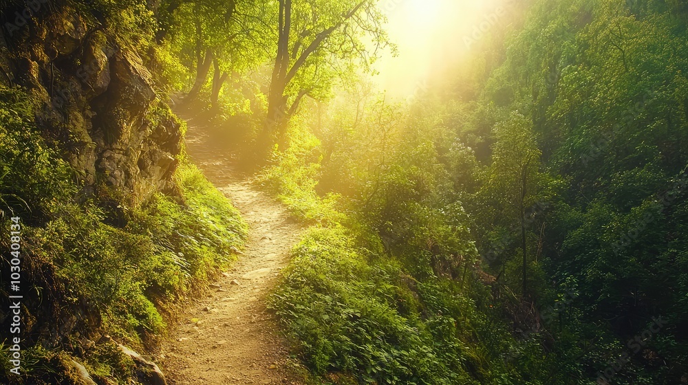 Winding Trail Through Lush Green Forest at Sunrise Winding Trail Through Lush Green Forest at Sunrise